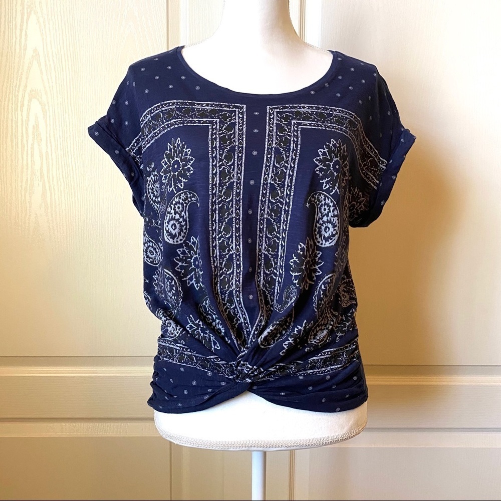 Lucky Brand Navy Blue Paisley Twist-Front Long Sleeve Tee